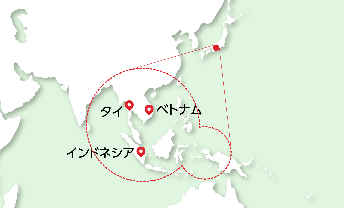 世界地図。タイ、ベトナム、インドネシアを赤い波線で囲んでいる